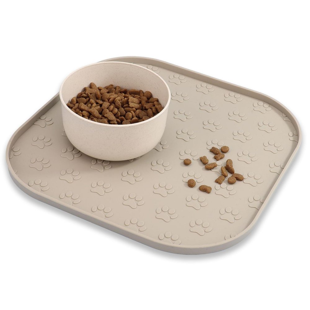 Square Silicone Pet Food Mat for Dogs and Cats, Beige, 11 x 11 in