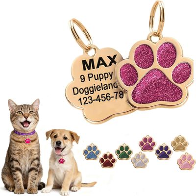 Personalized Dog ID Tag - Cute Paw Shape (Hot Pink)