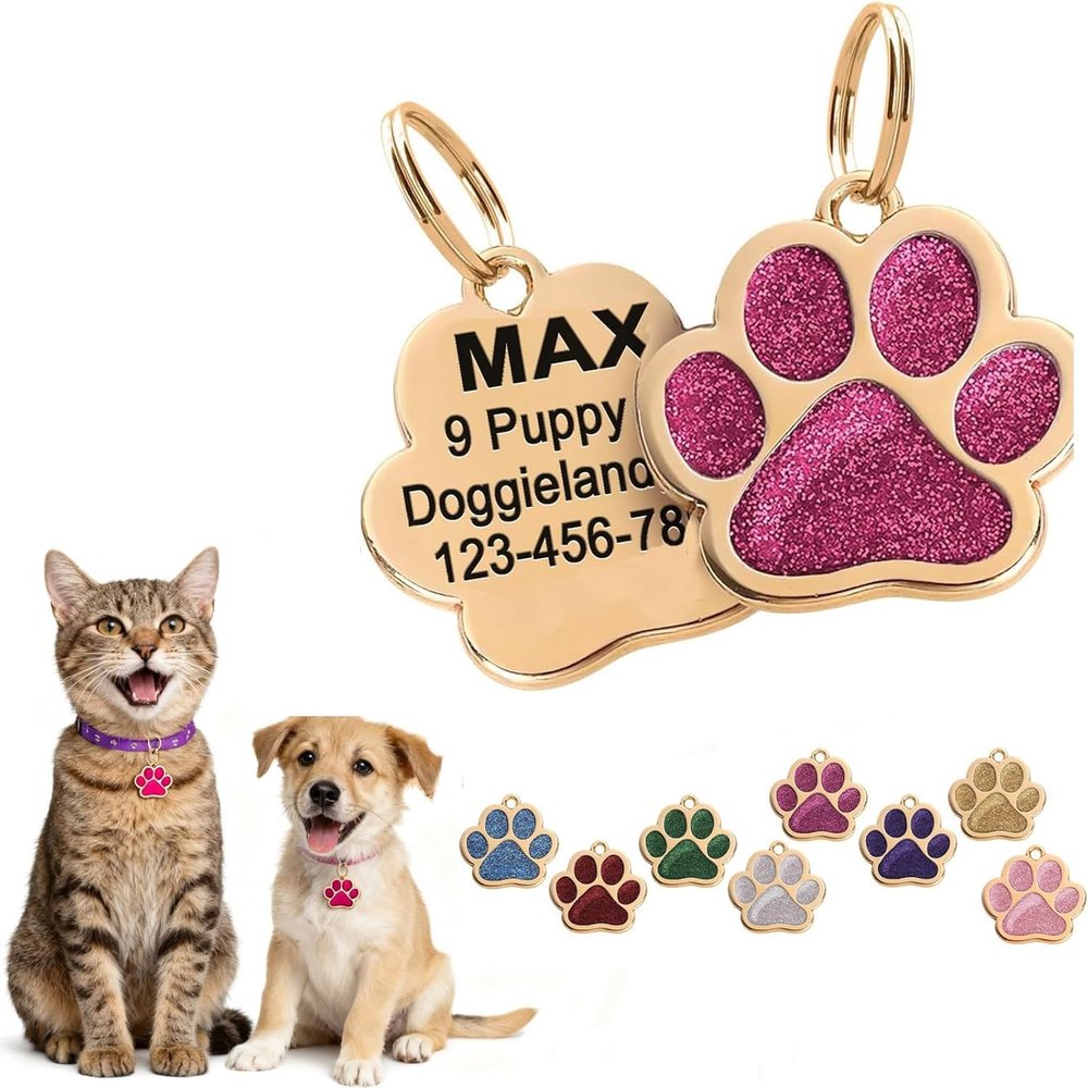 Personalized Dog ID Tag - Cute Paw Shape (Hot Pink)