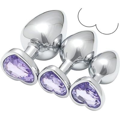 QiKKago Smooth Stainless Steel Accessory with Light Purple Heart-Shaped Gemstone, 3-Piece Set for Daily Wear - Y15