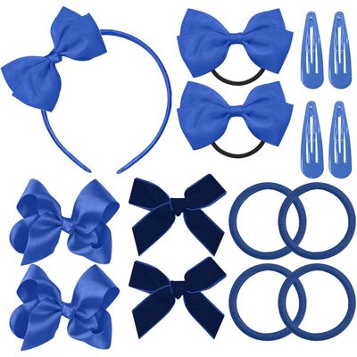 Girls' Blue Hair Accessories Set, 15-Piece Bow Clips and Hair Ties