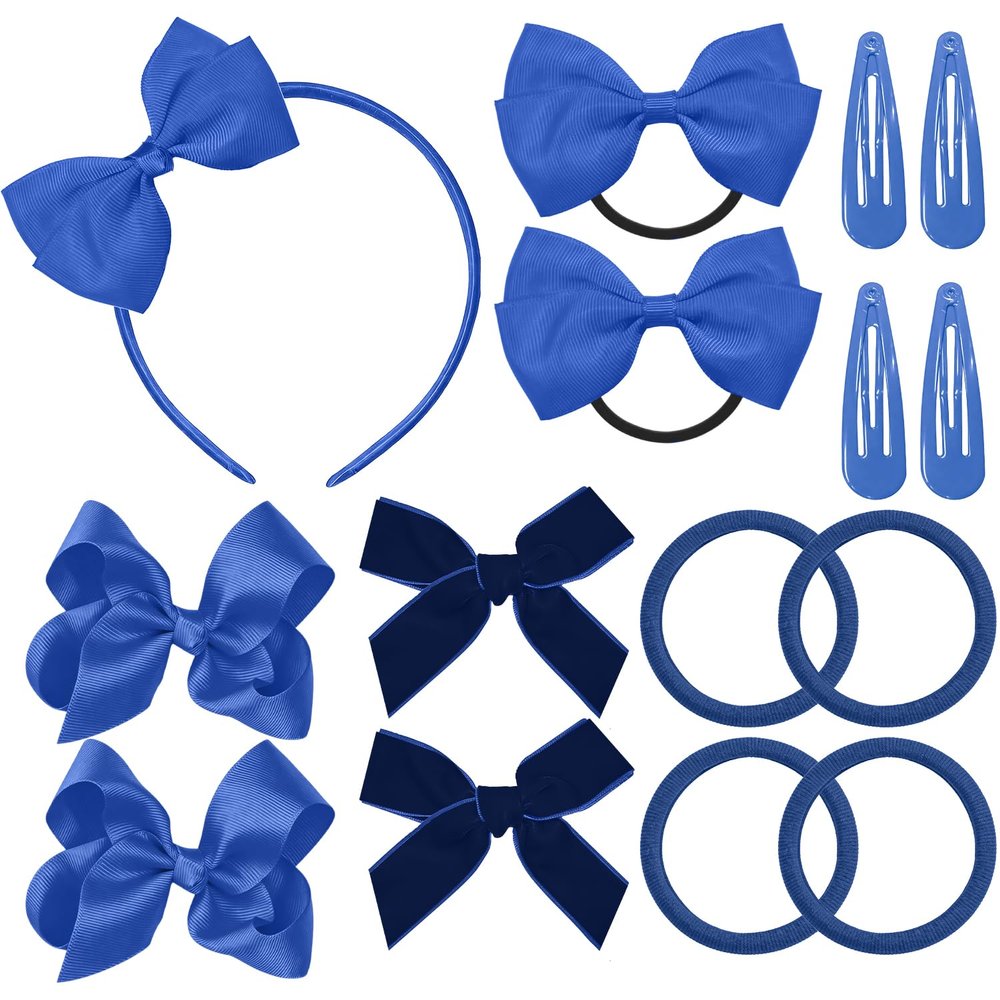 Girls' Blue Hair Accessories Set, 15-Piece Bow Clips and Hair Ties
