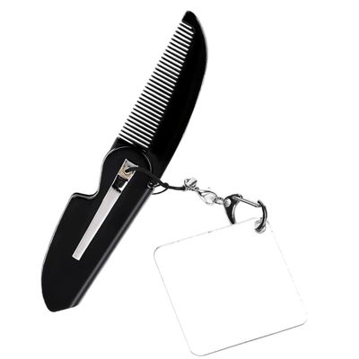 Folding Beard Comb with Mirror, Fine Teeth and Keychain