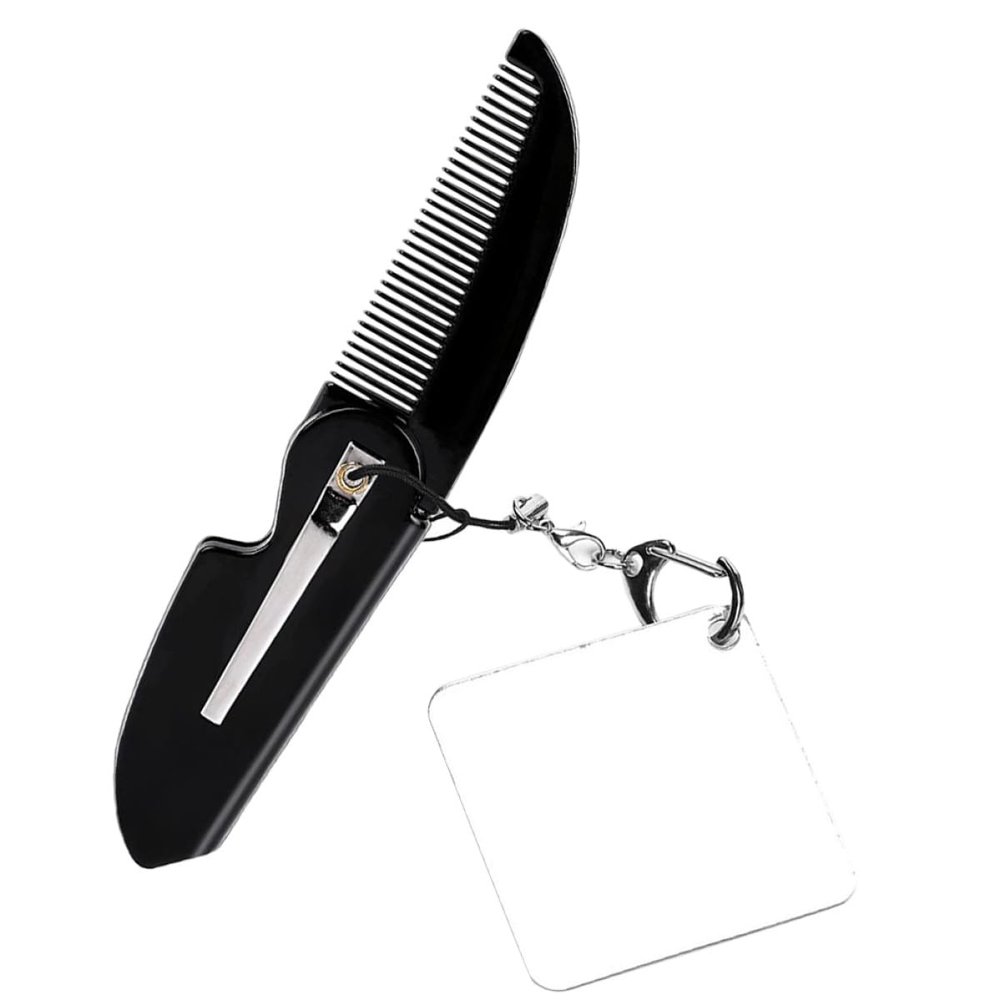 Folding Beard Comb with Mirror, Fine Teeth and Keychain