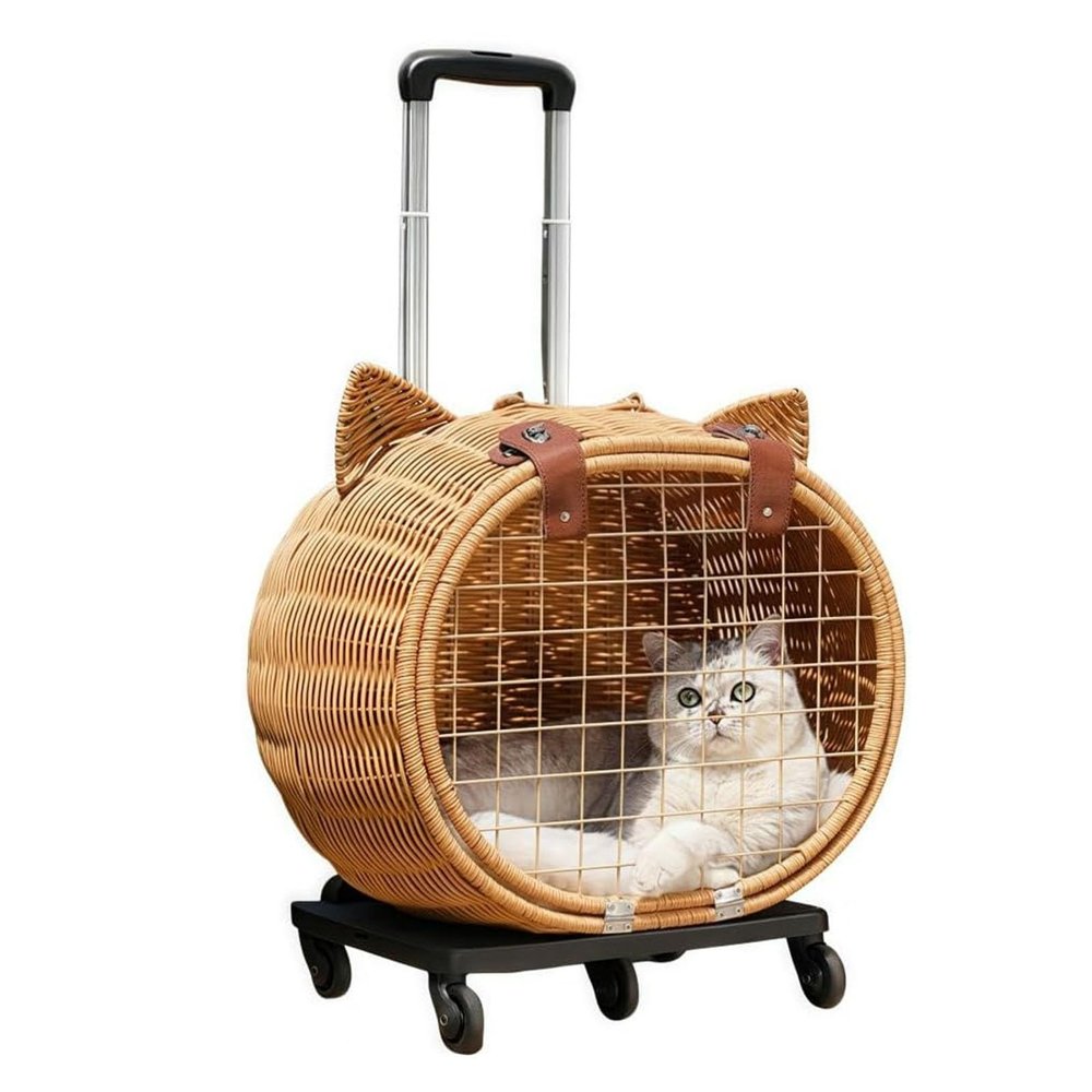 Pet stroller with telescoping handle, handwoven rattan outdoor trolley for large cats up to 11.3 kg, ventilated design for walks or travel