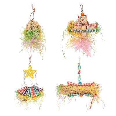 SAXOJONON Parrot Shredding Toy, Chewable Hanging Foraging Toy Made of Natural Bamboo and Rattan with Hook, Anxiety Relief, Multi-Purpose Bird Cage Decoration