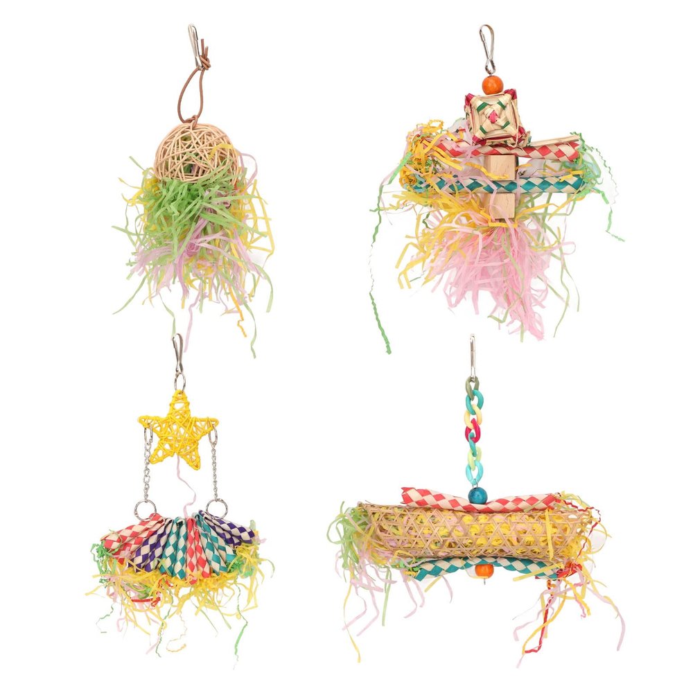 SAXOJONON Parrot Shredding Toy, Chewable Hanging Foraging Toy Made of Natural Bamboo and Rattan with Hook, Anxiety Relief, Multi-Purpose Bird Cage Decoration