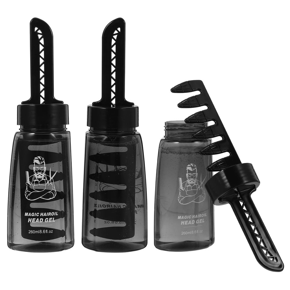 3 Empty Hair Gel Bottles with Comb, 260 ml, Black Plastic