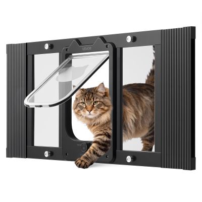 VEVOR Cat Door for Windows, Adjustable for 686–813 mm Widths, 4-Way Locking, Aluminum Frame, Transparent Glass, Magnetic Closure, Black