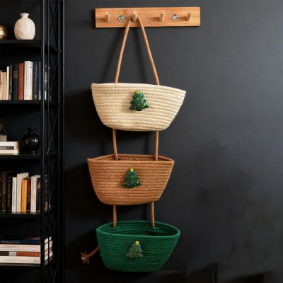 Odorkle 3-Tier Hanging Storage Basket, Cotton Rope, Christmas Tree Design, Beige-Khaki-Green