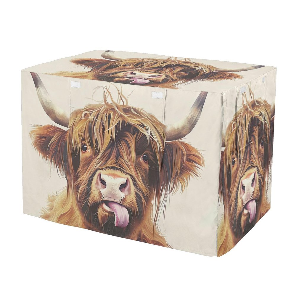 Highland Cow Tongue-Sticking-Out Dog Crate Cover with Mesh Windows, UV-Resistant, Large