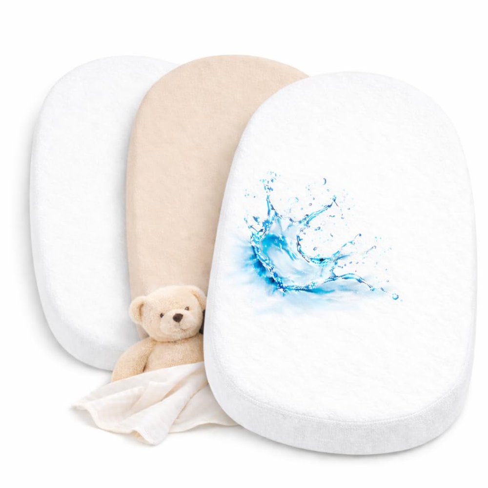 2x Bassinet Fitted Sheets, 100% Cotton + 1x Waterproof Mattress Protector, 3-Piece Set, Compatible with Chicco and Kinderkraft, White/Vanilla, 43 x 83 cm