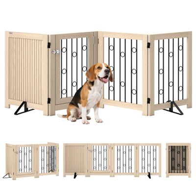 PawHut Freestanding Folding Dog Gate, 4 Panels, 27.5" H x 80.7" W, Oak