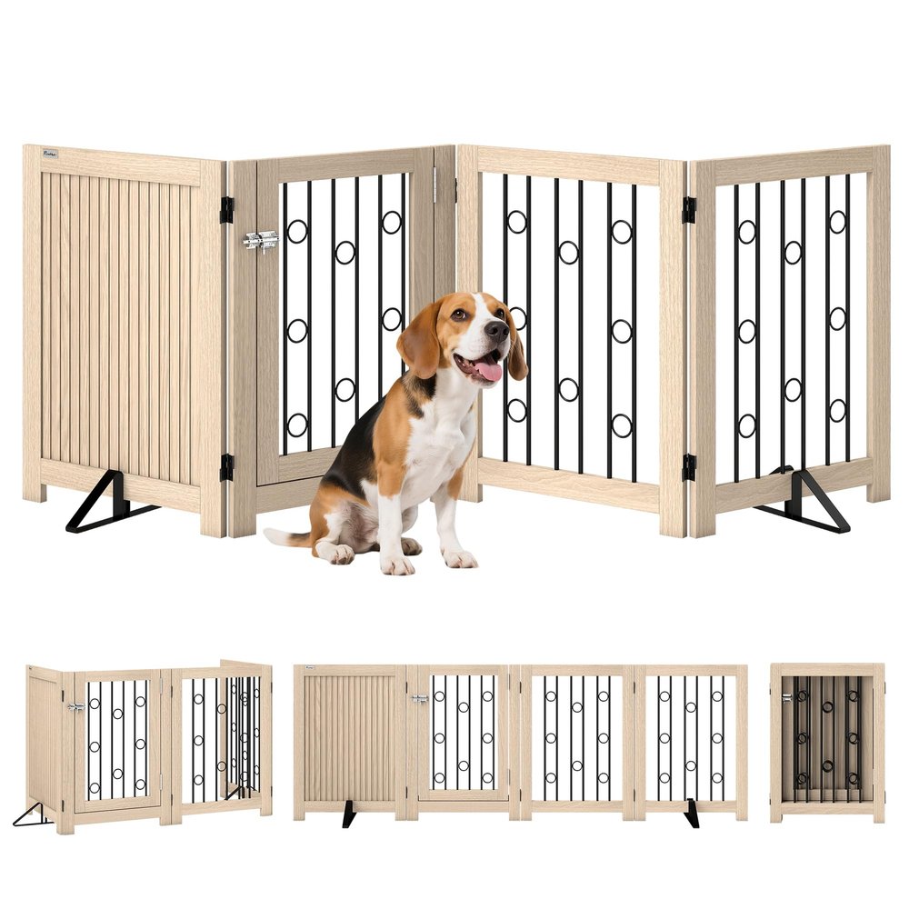 PawHut Freestanding Folding Dog Gate, 4 Panels, 27.5" H x 80.7" W, Oak