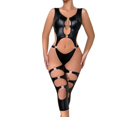 VgguDoe Patent Leather Lingerie for Women, Crotchless Thong Bodysuit, Sexy Wet-Look Underwear Set, Crotchless Lingerie for a Seductive Look, 1–8, Black, XXL