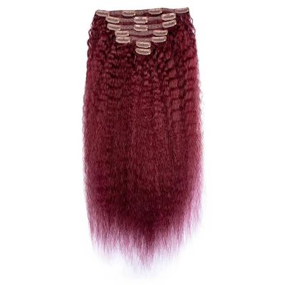 Clip-In Human Hair Extensions, 120 g, Kinky Straight, 8 Pieces with 18 Clips, Burgundy, Seamless, Soft, Long, Remy Hair (18 in)