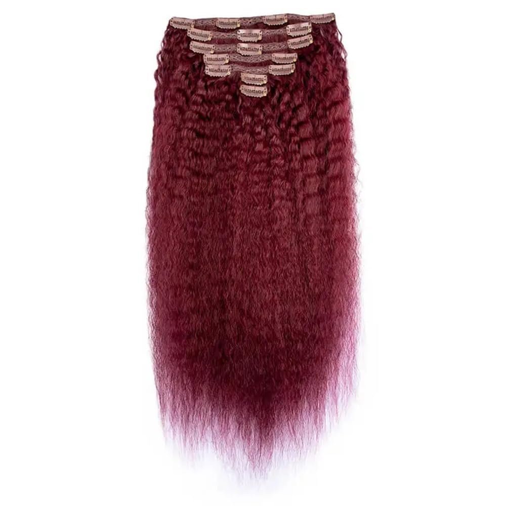 Clip-In Human Hair Extensions, 120 g, Kinky Straight, 8 Pieces with 18 Clips, Burgundy, Seamless, Soft, Long, Remy Hair (18 in)