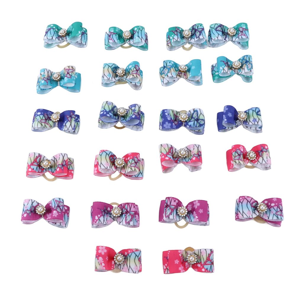 WAHEWUD 22-Piece Dog Hair Bows for Puppies, Adjustable Elastic Bands, Rhinestones and Pearls