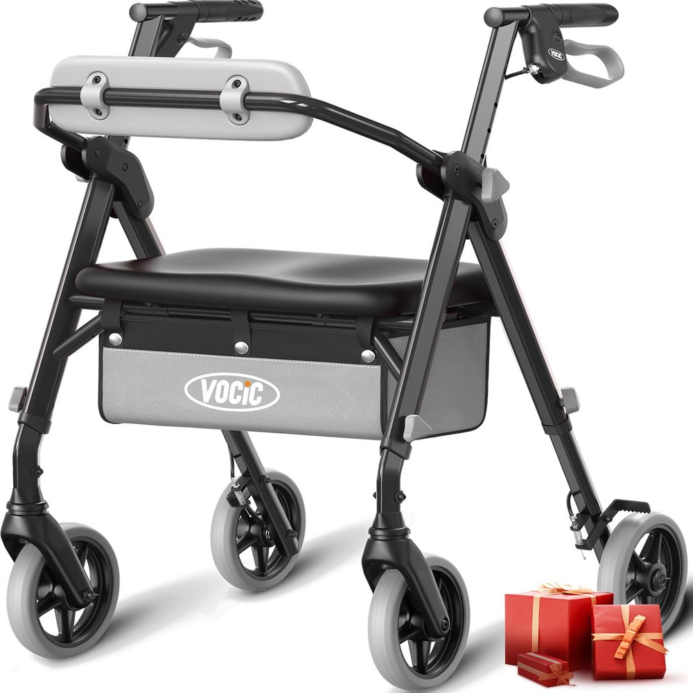 VOCIC Z11 Foldable Lightweight Rollator with Seat, 172 kg Capacity, Narrow for Indoor Use