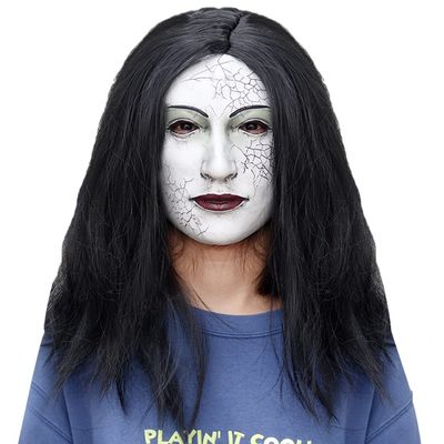 Yunseity Halloween Scary Female Ghost Face Covering with Long Hair Wig, Latex