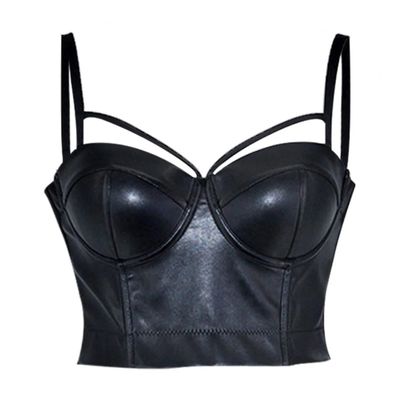 ZHANGAIQINYG Women's Black Leather Cutout Push-Up Bra for Nightclubs and Parties