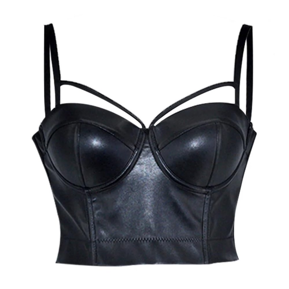 ZHANGAIQINYG Women's Black Leather Cutout Push-Up Bra for Nightclubs and Parties