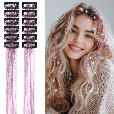 12-Piece 20-Inch Heat-Resistant Hair Tinsel Extensions, Purple-Red