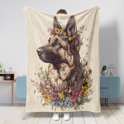 Spring German Shepherd Flannel Throw Blanket, 40 x 50.3 in, Aesthetic Floral Pattern