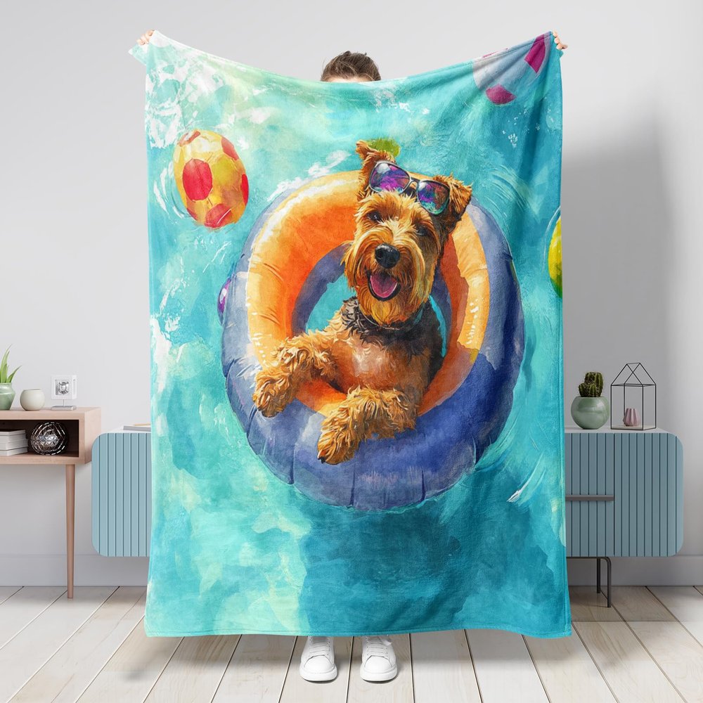 Funny Airedale Terrier Dog Blanket with Lifebuoys and Pool Design, Soft Flannel Throw, 50 x 60 in