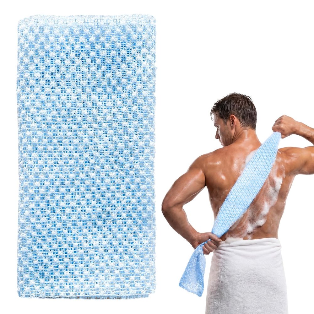 Extra-Long Japanese Exfoliating Towel, Blue Grid