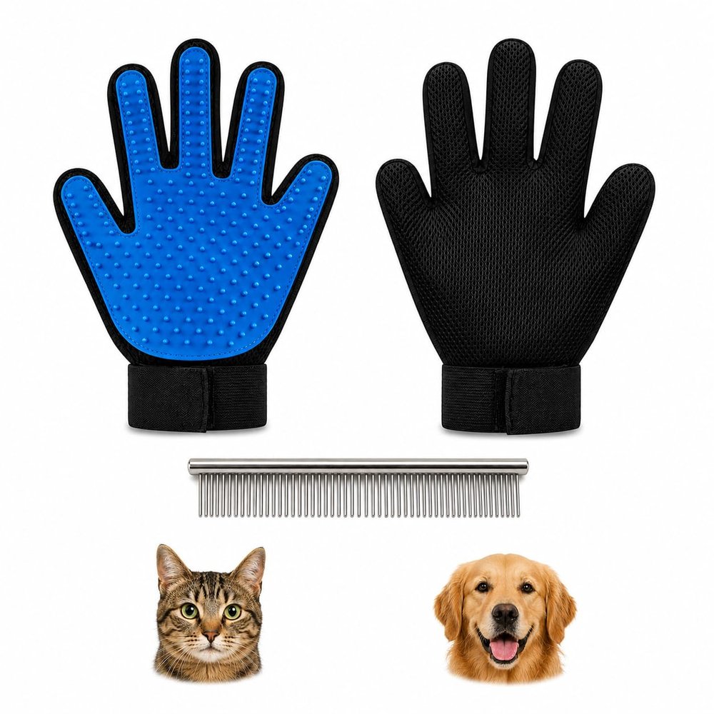 iberroad 2 Pet Hair Removal Gloves with Stainless Steel Comb Grooming Set for Dogs and Cats
