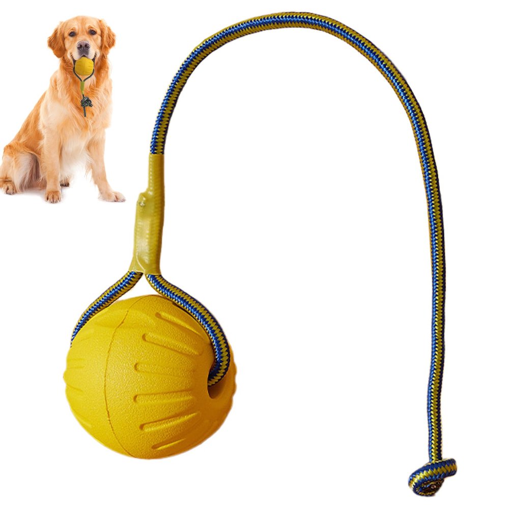 Bemonew 3-Inch Yellow Rubber Dog Ball with Rope