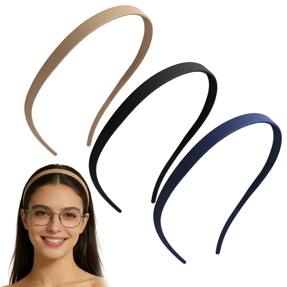 3-Pack Thin Toothed Zigzag Headbands for Women, Non-Slip, Black/Khaki/Navy
