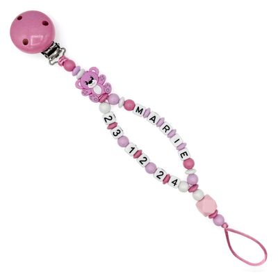 Pacifier Clip with Double Name and Birth Date "BR/TEDDYBR" Baby Pink/Pink/White