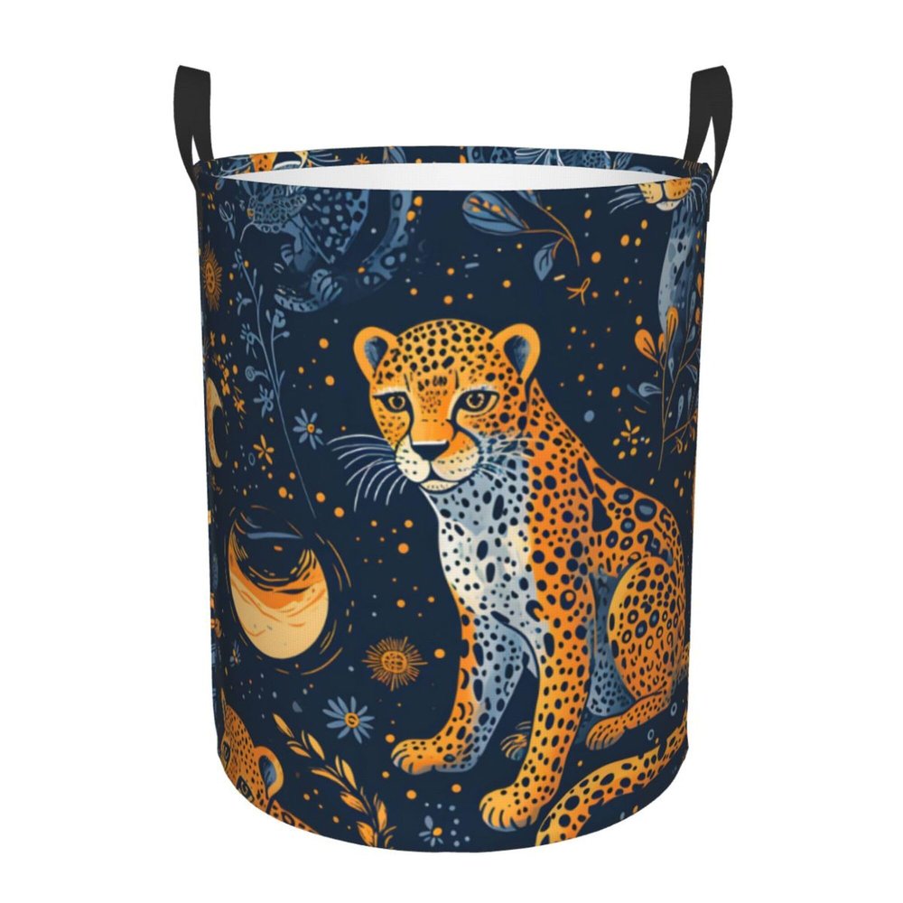 Leopard Moon Cheetah Thicket Round Laundry Basket, Waterproof Hamper for Laundry Room, Stuffed Animals and Clothing
