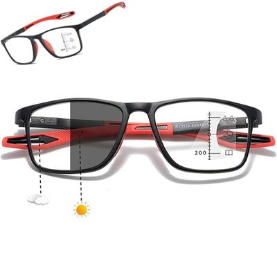 Multifocal Progressive Blue-Light-Blocking Reading Glasses for Women and Men, Black/Red, +2.5