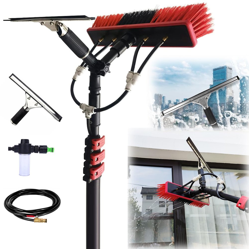 Telescopic Window Cleaning Brush with Squeegee and Soap Dispenser for Solar Panels and High Windows