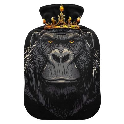 Hot Water Bottle with Cartoon Gorilla Crown, Velvet Cover, Foot Warmer, Small