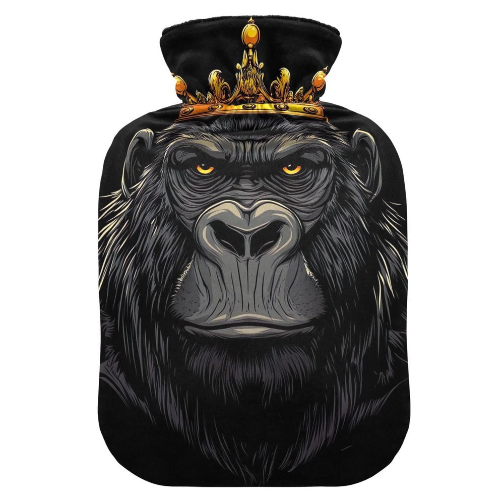 Hot Water Bottle with Cartoon Gorilla Crown, Velvet Cover, Foot Warmer, Small
