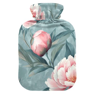 Peony Floral Hot Water Bottle with Soft Velvet Cover, for Menstrual Cramps and Pain Relief, Size M