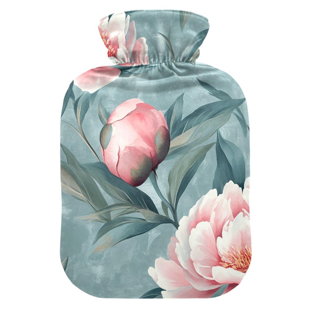 Peony Floral Hot Water Bottle with Soft Velvet Cover, for Menstrual Cramps and Pain Relief, Size M