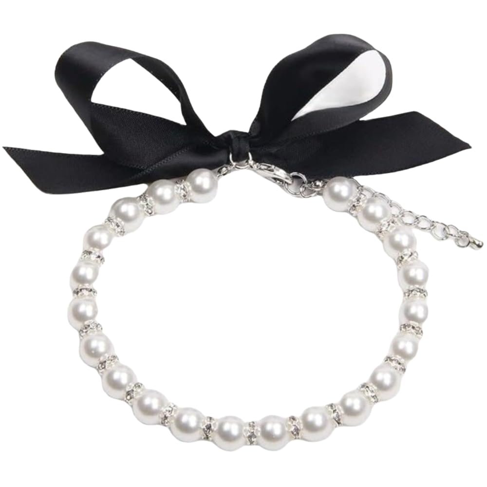 Adjustable Faux Pearl Collar for Pets with Bow, Size M, White