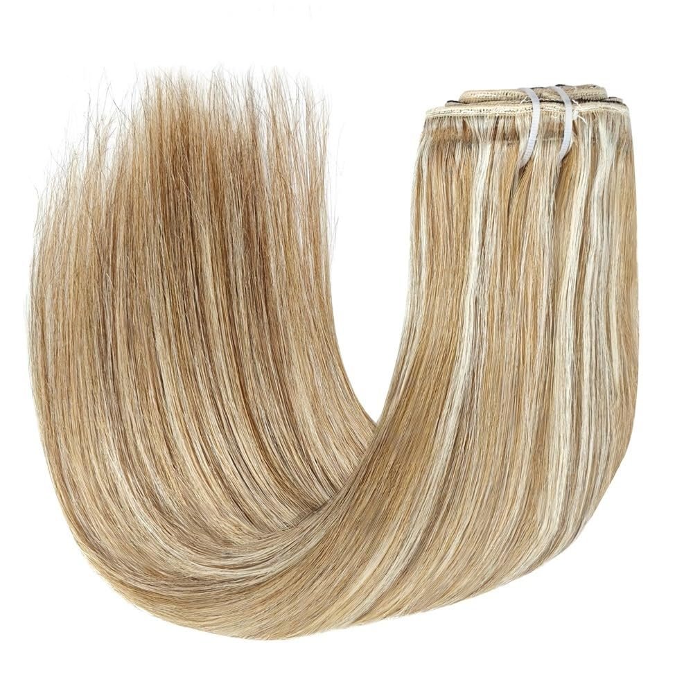 8-Piece Clip-In Human Hair Extensions, Invisible, Straight, Seamless (P8/613, 16 in)