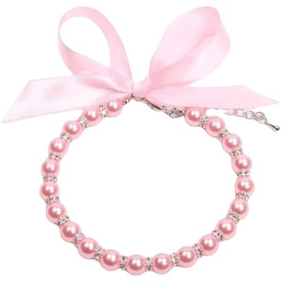 Adjustable Pet Necklace, Pearl, Bow, Puppy Jewelry, Pink (L)