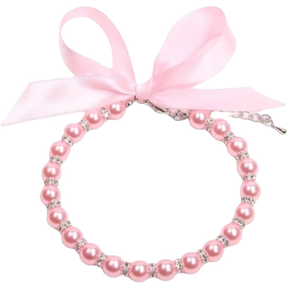 Adjustable Pet Necklace, Pearl, Bow, Puppy Jewelry, Pink (L)