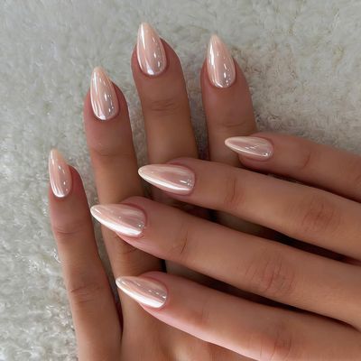 KQueenest Chrome Nude Pink Press-On Nails, Short Almond