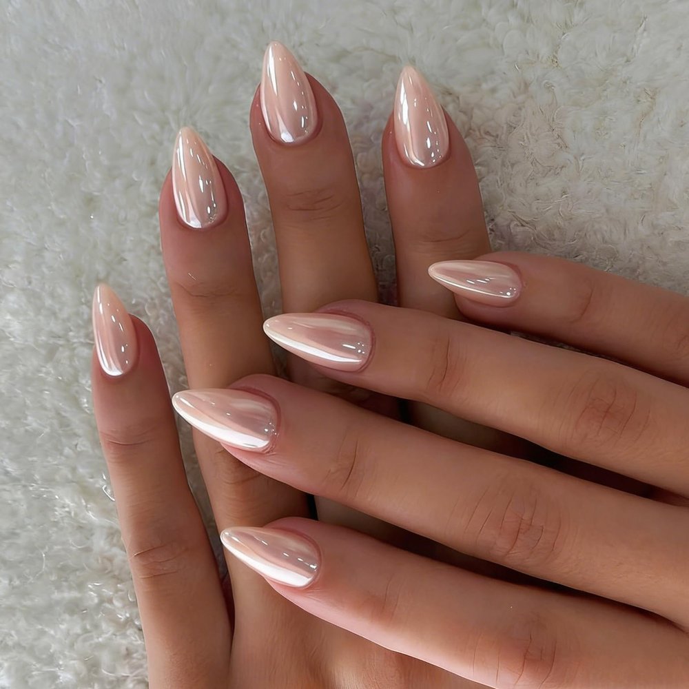 KQueenest Chrome Nude Pink Press-On Nails, Short Almond