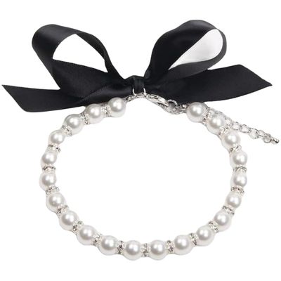 Adjustable Faux Pearl Pet Collar with Bow, White, Size L