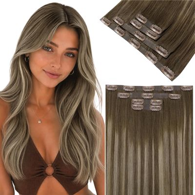 LaaVoo Invisible Clip-In Extensions, Brown Ombre, Remy Human Hair, 45 cm, 4 pcs, 90 g, #8/16/8
