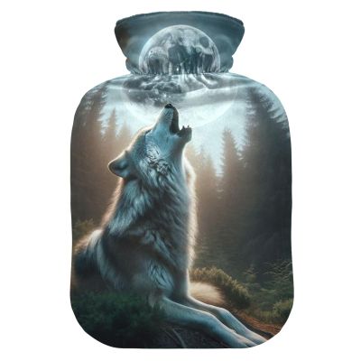 Small Hot Water Bottle with Soft Cover, Hand Warmer, Howling Wolf/Moon Designs, for Neck, Shoulders and Menstrual Cramps
